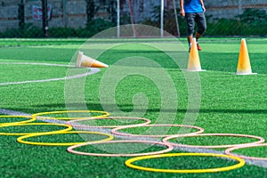 Soccer sport training equipments on outdoor soccer training field