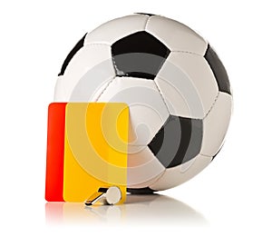 Soccer sports referee yellow and red cards with soccer ball and referee whistle on white background