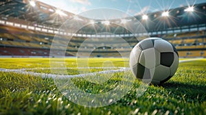 Soccer stadium background, ball on green ground of sport field, view of blurred arena lights. Concept of court, grass, football,