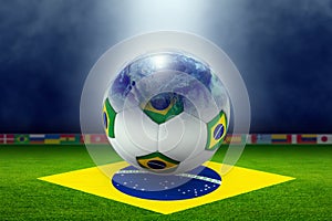 Soccer stadium, ball, globe, flag of Brazil