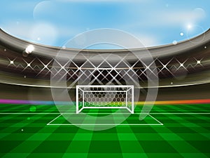 Soccer stadium banner. Football arena with spotlights, tribunes, soccer goal net and green grass.
