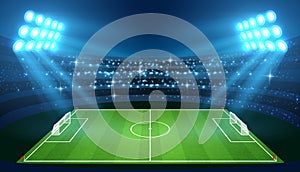 Soccer stadium with empty football field and spotlights vector illustration