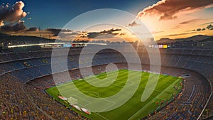 A soccer stadium filled with cheering fans under a vibrant sunset sky, A panoramic view of a massive soccer stadium at sunset