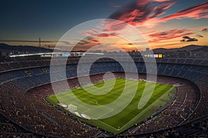 A soccer stadium filled with cheering fans under a vibrant sunset sky, A panoramic view of a massive soccer stadium at sunset, AI