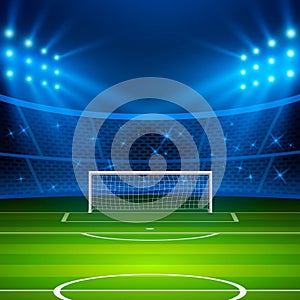 Soccer stadium. Football arena field with goal and bright stadium lights. Football World Cup. Vector