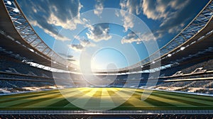 Soccer stadium grass field and empty playground over sunset with cloudy sky. Sport football arena. Illustration. AI Generative.