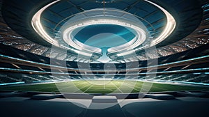 Soccer stadium grass field illuminated by spotlights and empty playground. Sport football arena. Illustration. AI Generative.