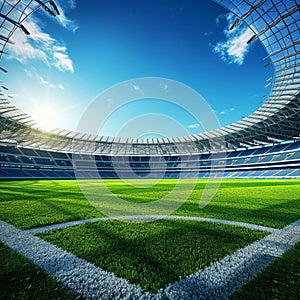 Soccer Stadium With Green Field and Blue Sky
