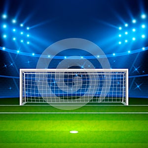 Soccer stadium. Green football field on stadium, arena in night illuminated bright spotlights. Vector illustration