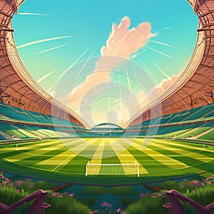 Soccer stadium with green grass and blue sky