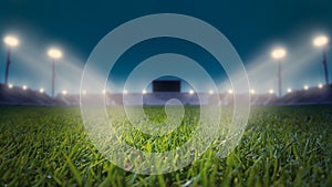 Soccer Stadium with Green Grass Field with Bright Floodlight Background.lights at night and football stadium