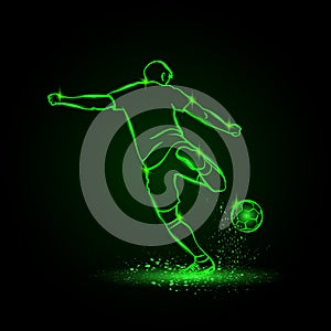 Soccer striker, back view. Football player hits the ball in the dark. Vector Soccer sport green neon illustration.