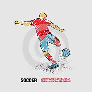 Soccer striker, back view. Vector outline of soccer player with scribble doodles style drawing