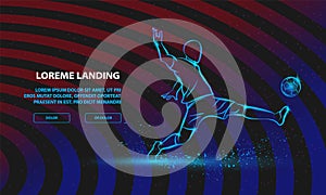 Soccer striker. Football player hits the ball in the dark. Vector Sport Background for Landing Page Template photo
