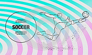 Soccer striker. Football player hits the ball in flight. Vector outline of soccer player sport illustration.