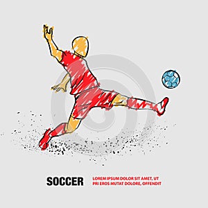 Soccer striker. Football player hits the ball. Vector outline of soccer player with baby doodles