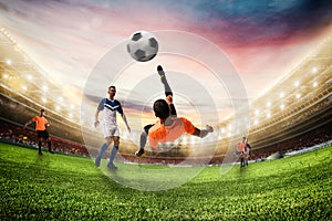 Soccer striker hits the ball with an acrobatic bicycle kick. 3D Rendering