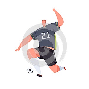Soccer striker running and kicking ball with foot. Football player playing. Professional footballer during game. Colored