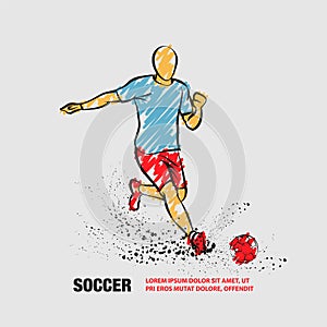 Soccer striker. Vector outline of soccer player hits the ball with scribble doodles style drawing. photo