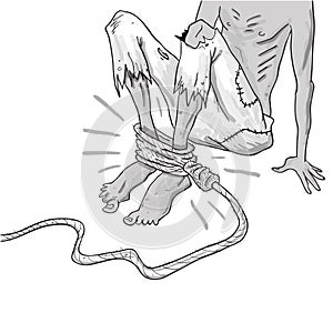 Skinny poor slave tided with rope