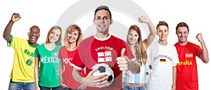 Soccer supporter from England with fans from other countries