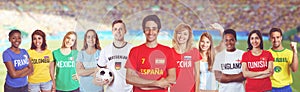 Soccer supporter from Spain with fans other countries at stadium