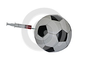 Soccer, syringe with doping soccer ball on a white background. The concept of doping in sports. Pharmaceuticals, championship.