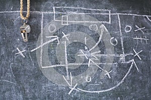 Soccer tactics diagram scribble and whistle of soccer or football referee on a black board, copy space