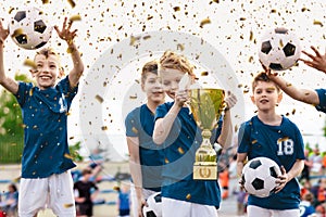 Soccer Team Celebration. Cheerful Children Celebrating Success in Football Tournament Game