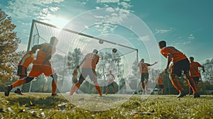 Soccer team in an intense match as player scores a goal and goalkeeper makes a crucial save