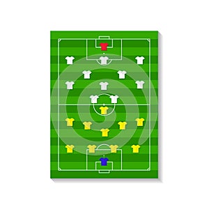 Soccer team plan formation. Formation of football strategy on soccer field with lineup team. Game board with infographic and