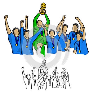 soccer team winner in blue jersey shirt holding goal trophy vector illustration sketch doodle hand drawn with black lines isolate