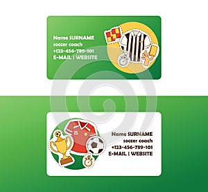 Soccer vector football business card with soccerball and sportswear of footballer or soccerplayer illustration backdrop