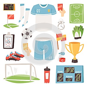 Soccer vector footballer or soccerplayer in sportswear playing with soccerball on football pitch illustration set of