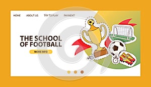 Soccer vector landing page soccerball football pitch and sportswear of footballer or soccerplayer web-page illustration