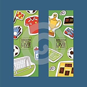 Soccer vector soccerball sticker football pitch and sportswear of footballer or soccerplayer illustration backdrop set