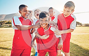 Soccer, winner or happy team of children for success, goal or celebration in game or competition on soccer field