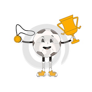 Soccer winner retro mascot. Football ball groovy character with cup and medal. Cartoon sport equipment isolated on white