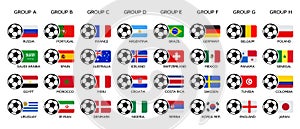 Soccer World Cup 2018. Russia 2018 world cup, team group and national flags. Set of national vector flags