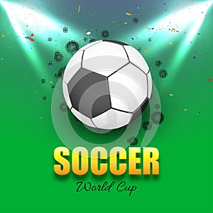 Soccer World Cup concept with shiny soccer ball under flash light.