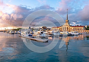 Sochi Marine Station and the yacht pier at sunset