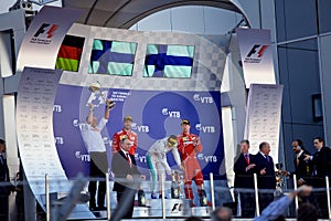 Top three finishers on the podium. Formula One. Sochi Russia.