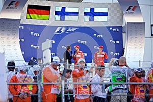 Top three finishers on the podium. Formula One. Sochi Russia.