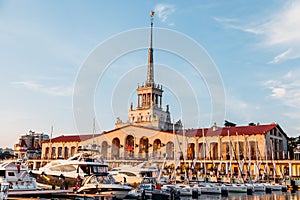 SOCHI, RUSSIA - June 5, 2018: Seaport with luxury yachts in Black sea at sunset