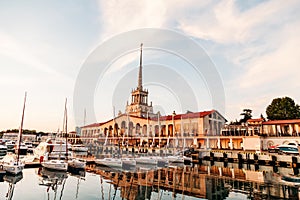 SOCHI, RUSSIA - June 5, 2018: Seaport with luxury yachts in Black sea at sunset