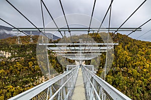 Sochi, Russia -  November 15, 2018: The longest pedestrian suspension bridge in the world in Skypark Aj Hackett Sochi