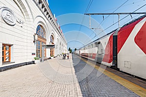 Passenger double deck train number 103 is ready to depart from the main railway station.