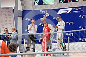 Top three finishers on the podium. Formula One. Sochi Russia.