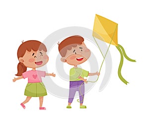 Sociable Kids Flying Kite Together and Having Fun Vector Illustration