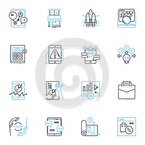 Social advertising linear icons set. Engagement, Awareness, Targeting, Reach, Conversion, Analytics, Viral line vector